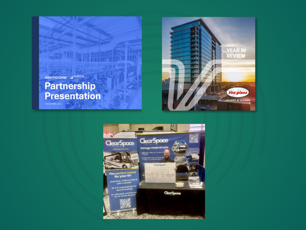 Examples of Somersault's diverse design capabilities including a corporate pitch deck, a company Impact report, and a full trade show setup.